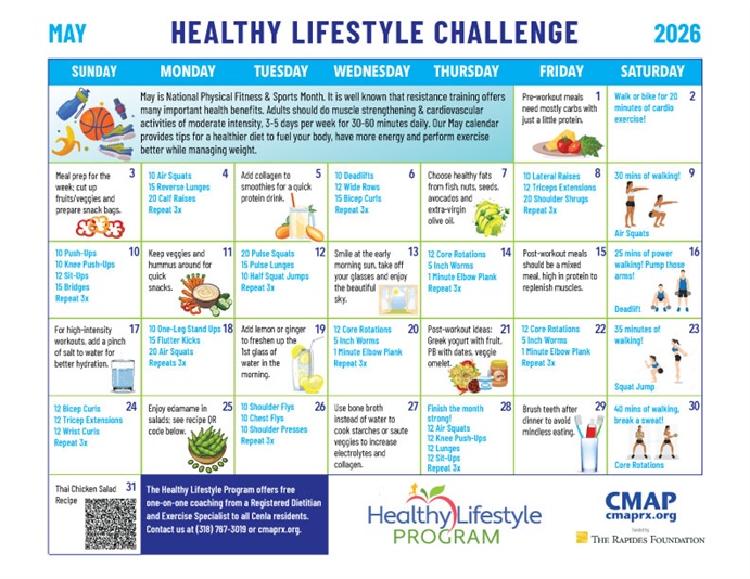 Try the Fitness and Nutrition Challenges on the May Calendar